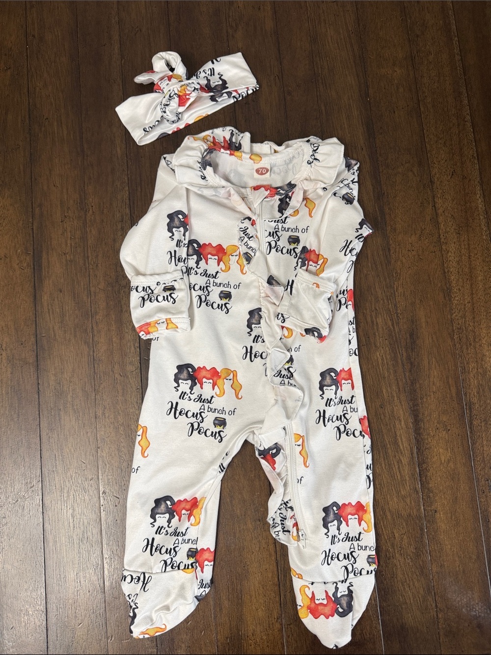 White Hocus Pocus Baby Girl 3-6 6 month One-Piece with Headband